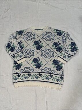 Cream Floral Fair Isle Knit Sweater with Blue & Green Accents